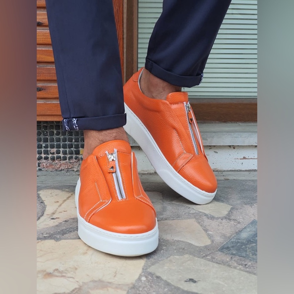 🆕 🧡 Sardinelli Prontofino Leather Mid-Top Zipper Orange Sneakers